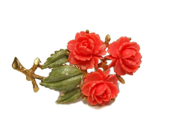 SALE Coral rose brooch, enamel coral roses, enamel, gold tone stem with green enamel leaves, orange pin 1960's