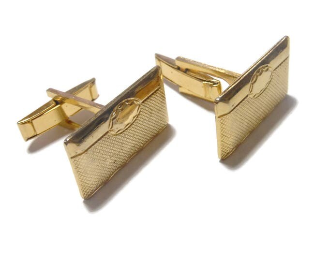 Gold cuff links, rectangle cufflinks with circle cartouche, checkerboard pattern, mid century cuffs vintage