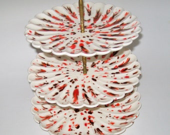 Vintage 3 tier Plate Stand Serving Plates Retro Ivory Orange Brown Splatter Glaze