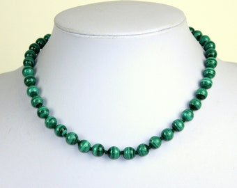 Malachite Necklace. 8mm Green Malachite Beads Necklace Hand Knotted. Genuine Natural Malakite Stone. MapenziGems