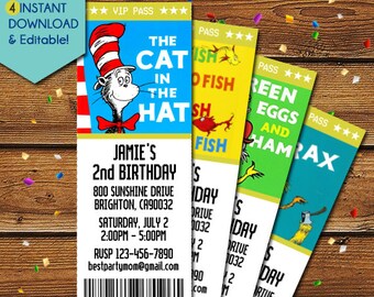 Dr Seuss Invitations, Dr Seuss Birthday Invitation, Dr Seuss Baby Shower Invitations, Dr Seuss Party Invite, Dr Seuss Invite, Cat in the Hat