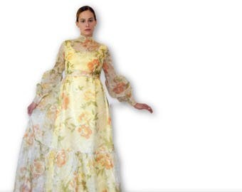 70s yellow floral formal dress puff sleeve dress boho maxi wedding dress sheer dress yellow bishop sleeve dress womens princess dress fun M