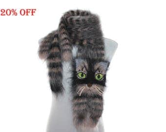 SALE 20 % OFF / Knitted Scarf / animal scarf / tabby cat / Fuzzy black beige Soft Scarf / Pet portrait / cat scarf / animal scarf