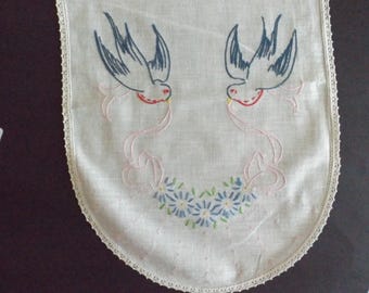 Dresser Bureau runner cloth Tablecloth Bluebirds embroidery vintage Birthday Mothers Day Wedding Gift