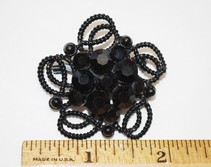 Weiss Brooch - Black Rhinestone Flower brooch - Japanned enameling - Floral pin