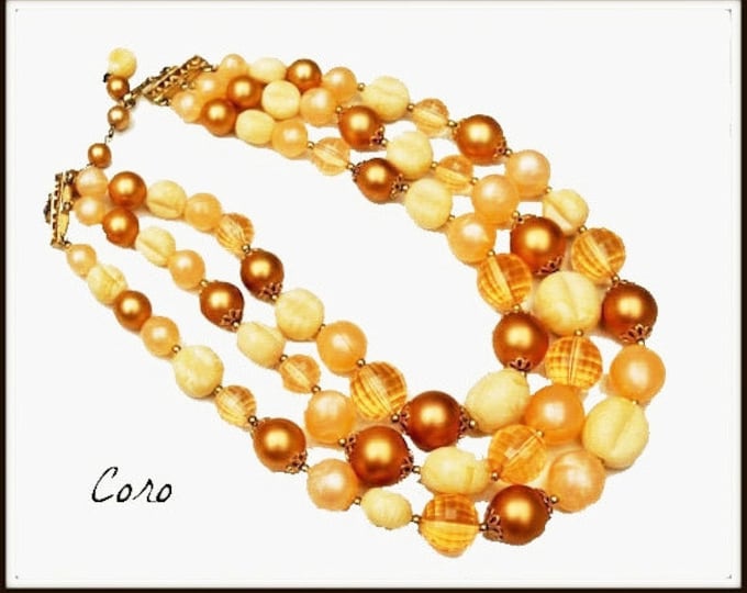 Coro Bead necklace - Peach Cream and Gold lucite - Triple multi strand necklace - Mid century