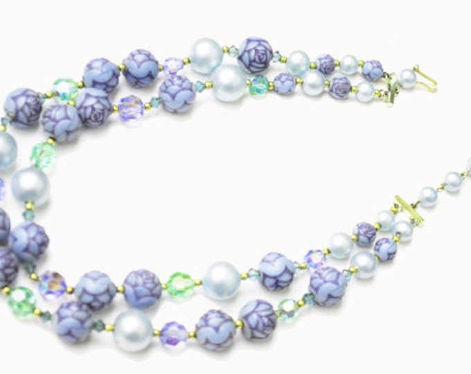 double strand Bead necklace - Dark Blue flower and light blue pearl - crystal Glass Bead - Mid Century