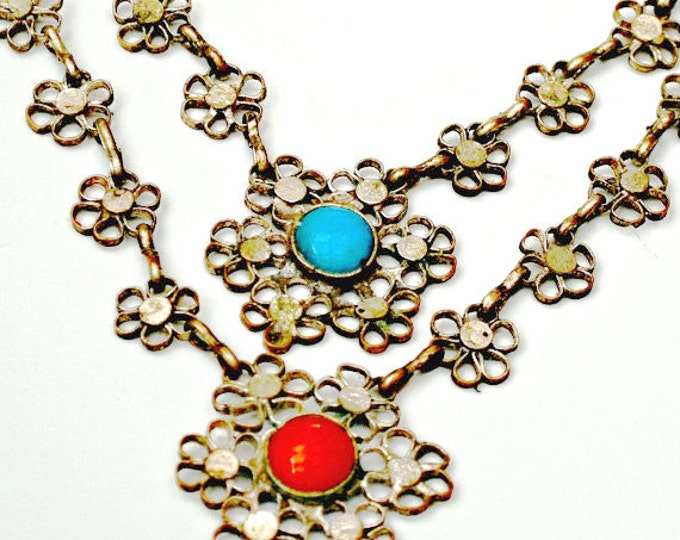 Flower Bib Necklace - Silver filigree - Red Blue glass Cabochon - India - Boho - Statement Necklace