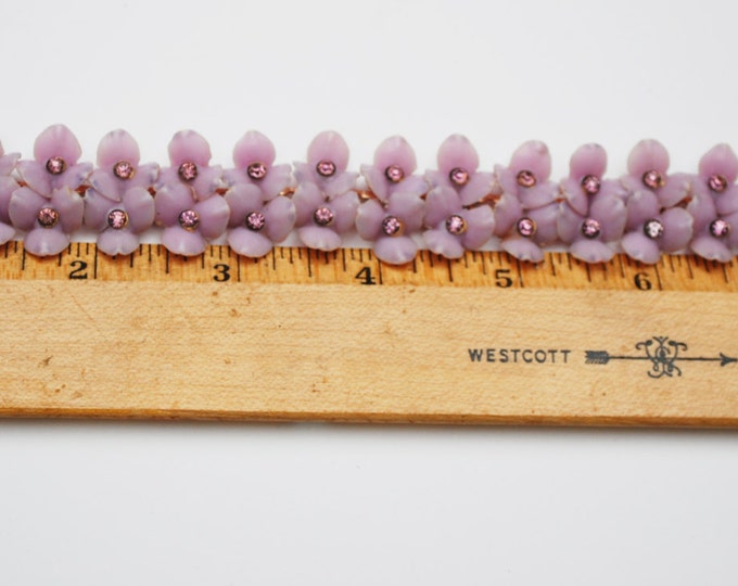 Purple flower Link Bracelet -Rhinestone - Lucite Plastic - Mid century