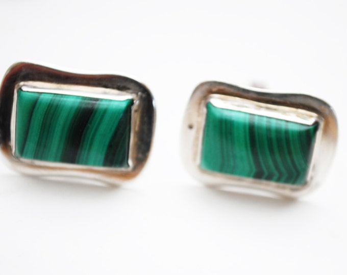 Sterling Malachite Cuff link - Green Gemstone - Retangle cufflink
