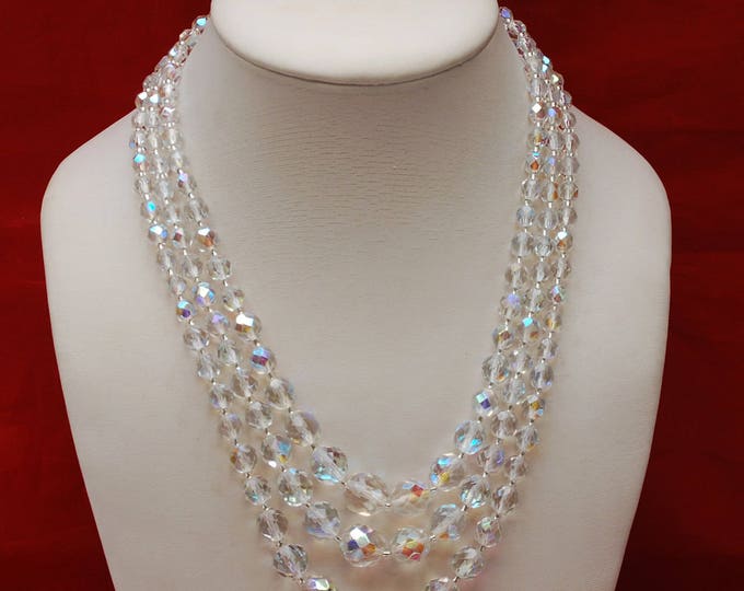 Crystal Bead Necklace - Graduated Triple multi strand - facet cut crystal glass beads - 17 inches - Aurora borealis