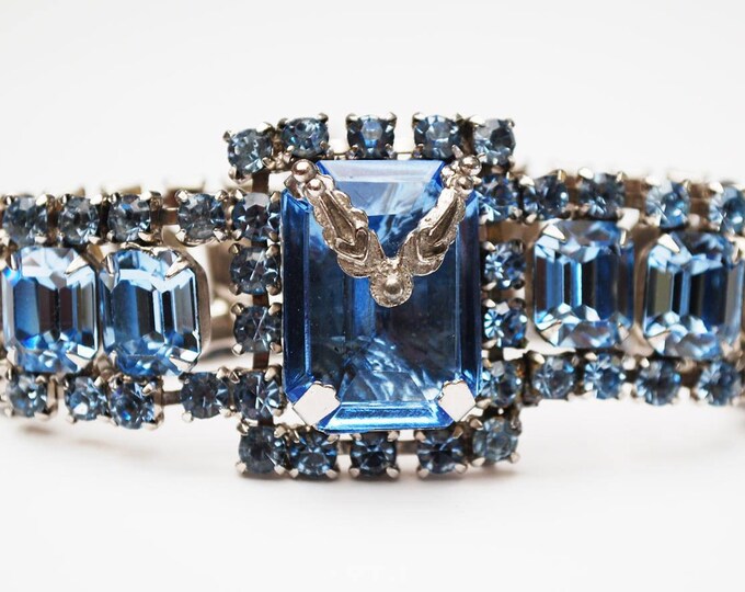 Blue Rhinestone Bracelet - Emerald cut Crystal - Prong set -Silver tone setting - Gift for her -Wedding BRide