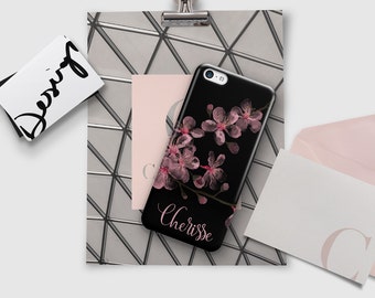 Pink and black floral iPhone case, Dual layer drop resistant protection, Pink cherry blossoms (1770)