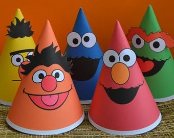 Sesame Street Party Hats Printables, Sesame Street Birthday Hats, Sesame Street Hats, Elmo Party Hats, Cookie Monster Hat, Bert and Ernie