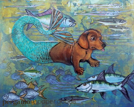 Download Mermaid Dachshund Illustration 8x10 Dachshund Wall Art Dog