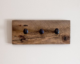 Rustic hardware coat rack, wall hanger with 3 railroad spike hooks, 18" x 8" barnwood wall hooks