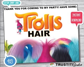 TROLLS COTTON CANDY Label, Trolls Hair, Trolls Favor labels, Valentines favors, Birthday Favors