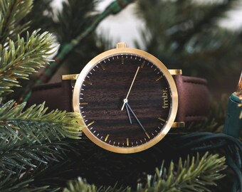 Custom Engraved Watch, Walnut Wood Gold Watch, Brown Leather Strap - CSTM-HELM-WGGM