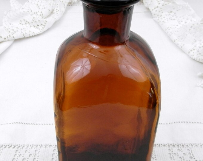 Large Square Antique French Amber Apothecary Glass Bottle with a Cork Stopper, Country Decor, Chemist, Pharmacy, Brocante, Vintage Style