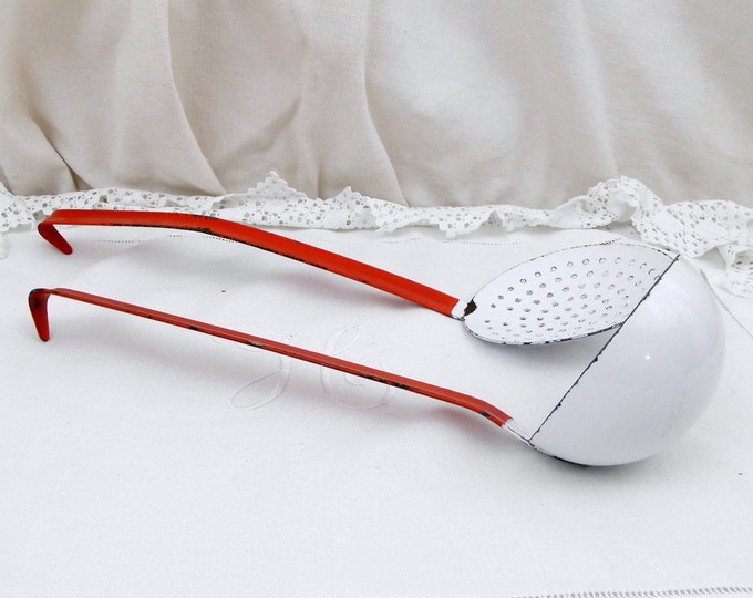 Vintage French Red and White Chippy Enamelware Matching Ladle and Strainer, French Country Decor, Kitchen, Cooking Utensil, Retro Home
