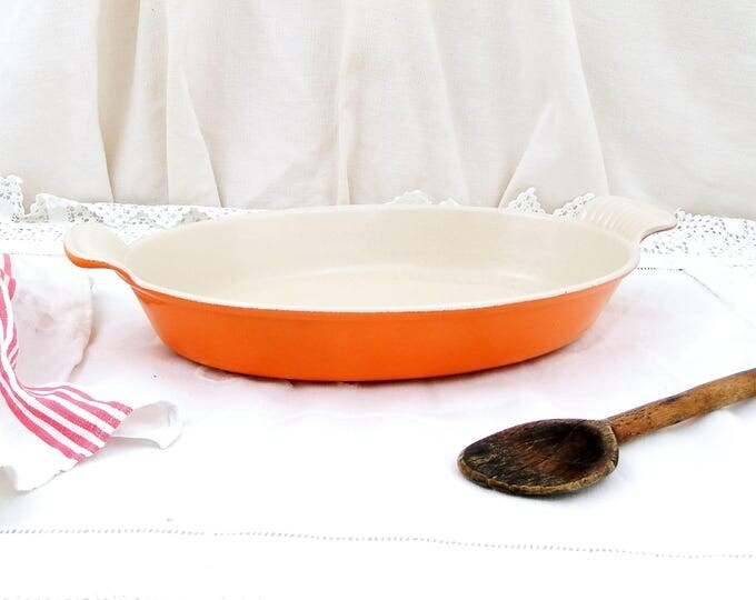 Vintage Le Creuset from France Traditional Bright Orange and White Enameled Cast Iron 28 Oven Dish, Grill, Pan Cooking Pot, Kitchen, Cooking