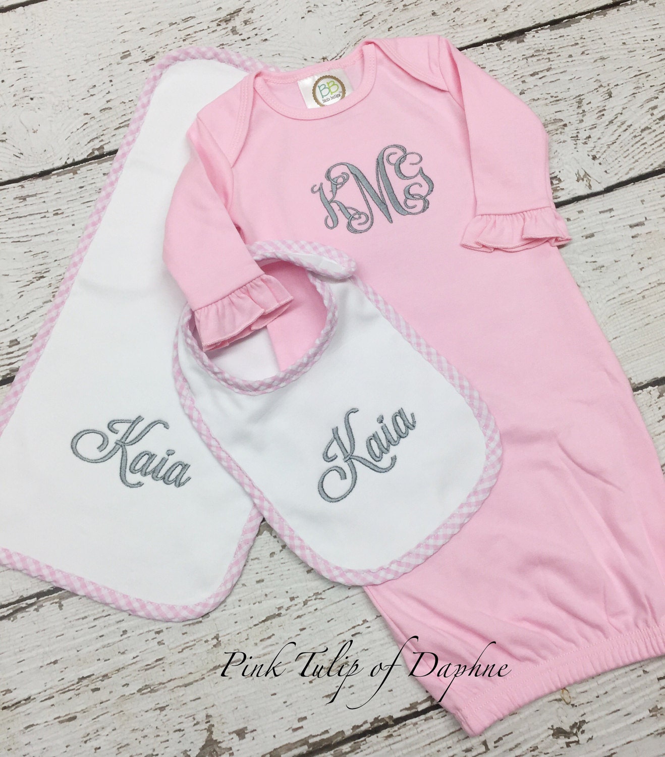 Infant gown set gown bib burp cloth monogrammed gown set