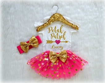 Baby Girl Petal Patrol, Hot Pink and Gold with Custom Name, Tutu Headband Polka Dot Set, Short and Long Sleeve Bodysuit Tshirt 201