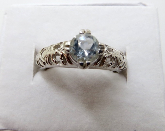 Art Deco Aquamarine Ring, Sterling Silver Filigree, Wedding Solitaire, .5ct. Ring Size 7.75