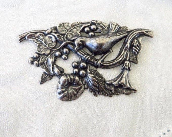 Antique Art Nouveau Brooch, Sterling Bird Pin, Flowers Berries and Leaves, Nature Jewelry