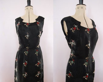 Vintage 50s 60s Cheongsam silk satin cocktail dress - Cheongsam Dress - Vintage Chinese print dress - 50s Wiggle Dress - 50s cocktail dress