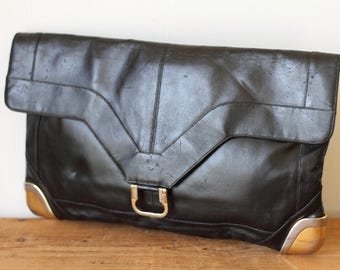 LOU TAYLOR Black Leather Clutch/ Vintage 1960s Black Handbag/ Lou Taylor Black Leather Purse/ Lou Taylor Handbag