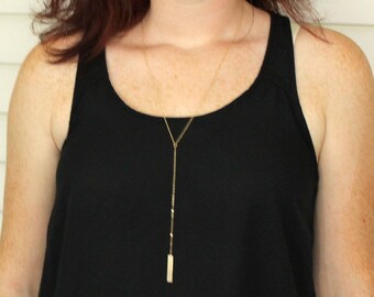 Gold Lariat Necklace, Gold Bar Y Necklace Gold Bar Drop, Long Lariat Necklace, Minimal Y Necklace, Layered Gold Necklace, Layering Necklace