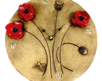 Red Poppy Clock with Forget Me Nots by Maggie Betley - Zoo Ceramics - Slab Built + Hand Carved British Design
