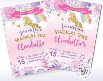 Unicorn Invitation, Unicorn Invite, Pink and Gold, Rainbow Unicorn Birthday Invite, Magical, Sprinkle Invite, Gold Glitter, Pastel Rainbow