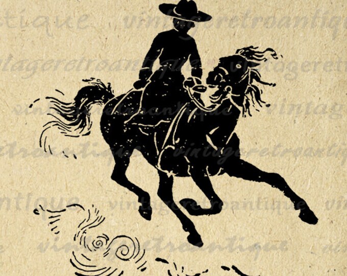 Cowgirl with Horse Printable Digital Image Illustration Download Cowboy Graphic Antique Clip Art Jpg Png Eps HQ 300dpi No.1600