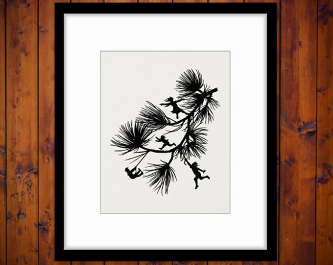 Printable Image Fairies Dancing on Branch Silhouette Digital Download Graphic Antique Clip Art Jpg Png Eps HQ 300dpi No.2179