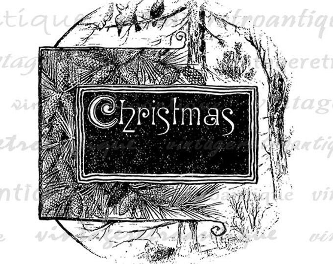 Printable Digital Christmas Text with Pine Graphic Image Download Vintage Clip Art Jpg Png Eps HQ 300dpi No.2311