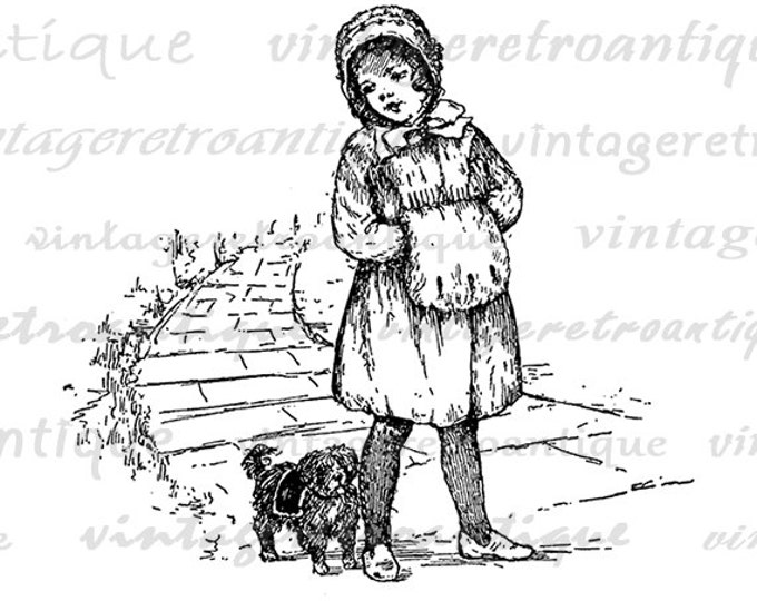 Digital Printable Little Girl with Dog Download Puppy Graphic Image Vintage Clip Art Jpg Png Eps HQ 300dpi No.299