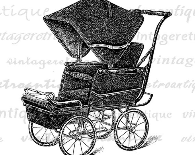 Digital Image Antique Baby Carriage Graphic Illustration Printable Download Vintage Clip Art for Transfers etc HQ 300dpi No.1084