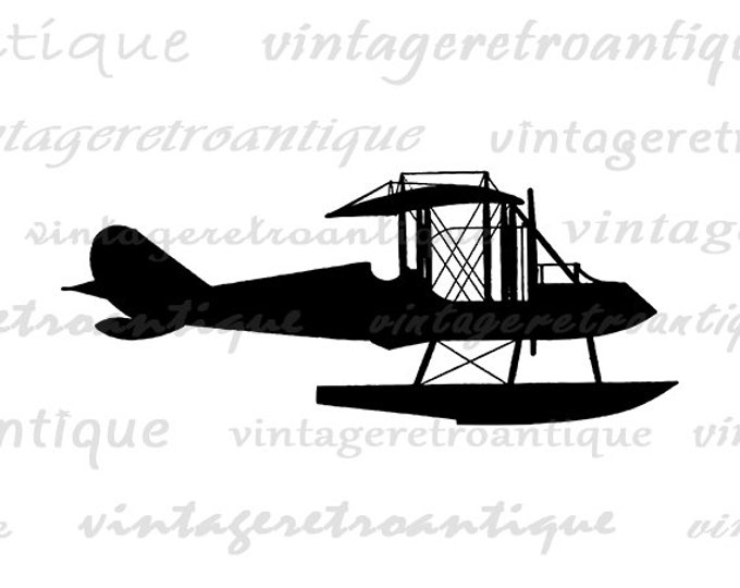 Printable Image Airplane Silhouette Graphic Vintage Airplane Digital Antique Ocean Seaplane Download for Transfers Pillows HQ 300dpi No.4669