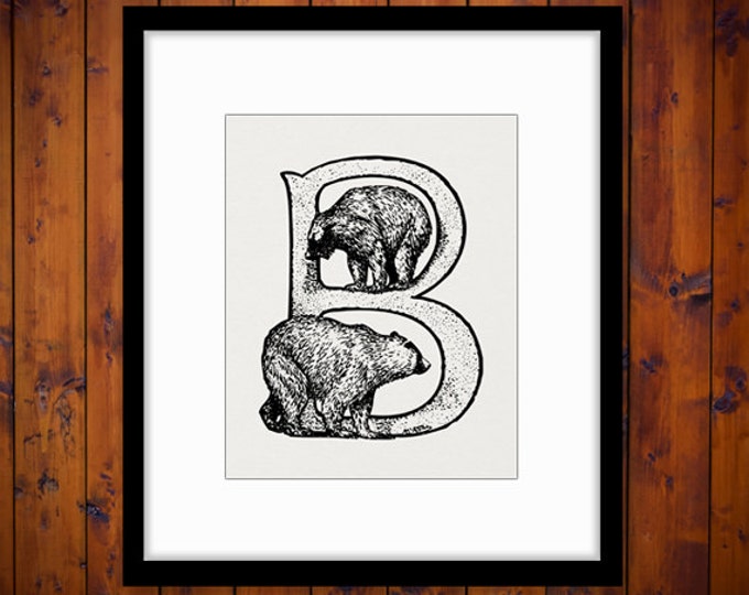 Letter B with Bears Graphic Digital Download Bear Image Letter B Printable Vintage Clip Art for Transfers Printing etc HQ 300dpi No.4706