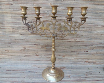 Vintage Brass Lions Candelabra, 5 Cup Brass Candle Holder