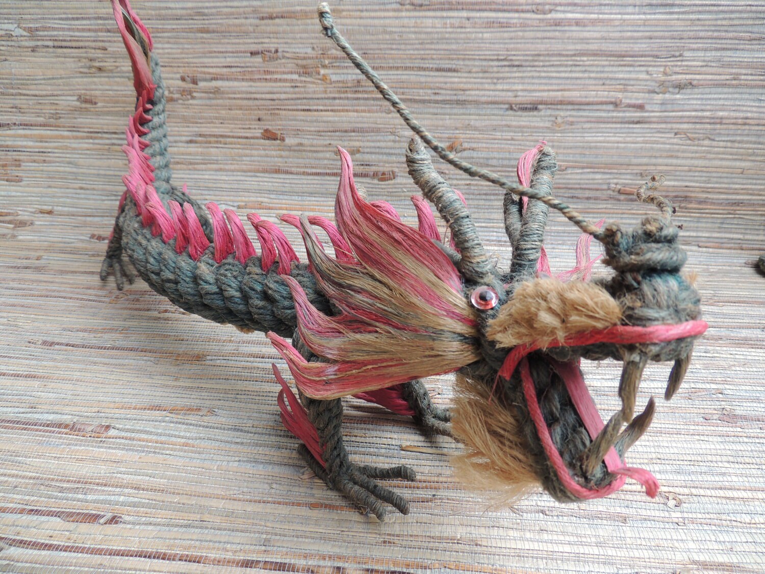 Vintage Chinese Rope Dragon, Fiber Art Figure, Asian Folk Art