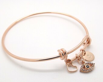 Rose gold evil eye bracelet•initial and evil eye adjustable bangle •bridesmaid gift •wedding jewelry • bridal bracelet •evil eye jewelry