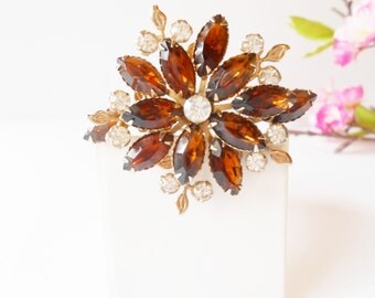 Rhinestone Brooch Vintage Amber Glass and Rhinestone Brooch