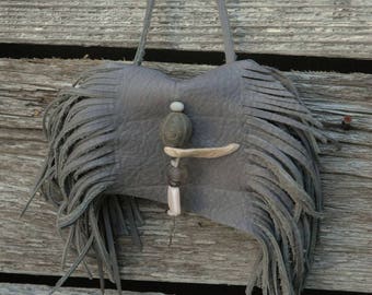 Gray neck pouch, crystal pouch, leather pouch, gray leather necklace
