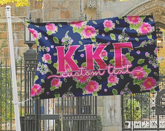 Kappa Kappa Gamma flag, Navy blue with bright hot pink floral, 3 x 5 feet Polyester mesh, Customizable Sorority gift, KKG letters Room decor
