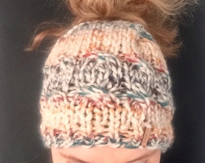 FLASH SALE! Hudson Bay Cable Knit Messy Bun Hat, Wool Bun Beanie, Chunky Pony Tail Cap in Teal Green, Crimson Red, Mustard Yellow, Navy