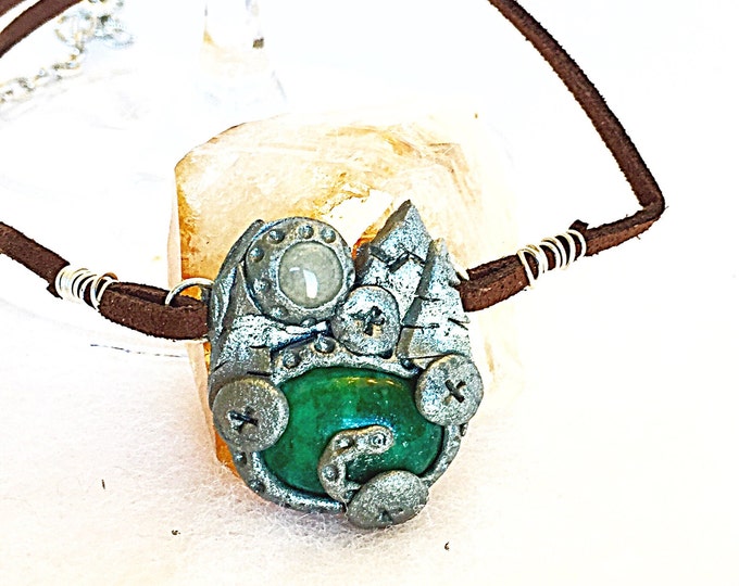 Green Tree Jasper and Moonstone Silver Mountain Brown Suede Leather Choker with Rainbow Moonstone Charm. Mountain Scene Gemstone