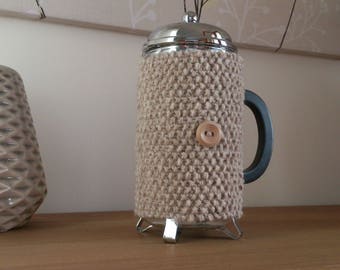 Oatmeal hand knitted cafetiere cosy with wooden button detail - Ready to ship
